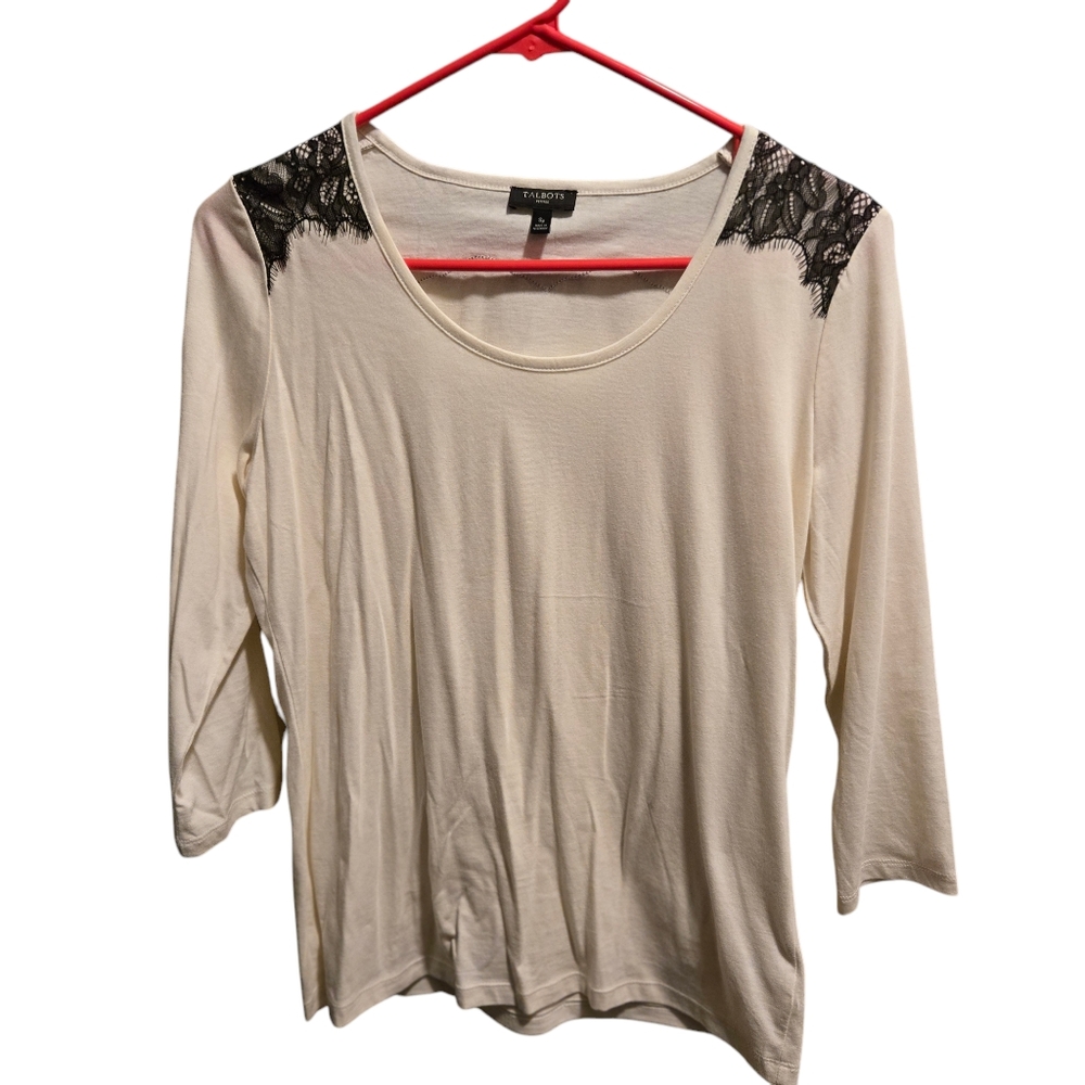 Talbots Petites Off White 3/4 Sleeve Shirt with Black Lace Accent Small Petite